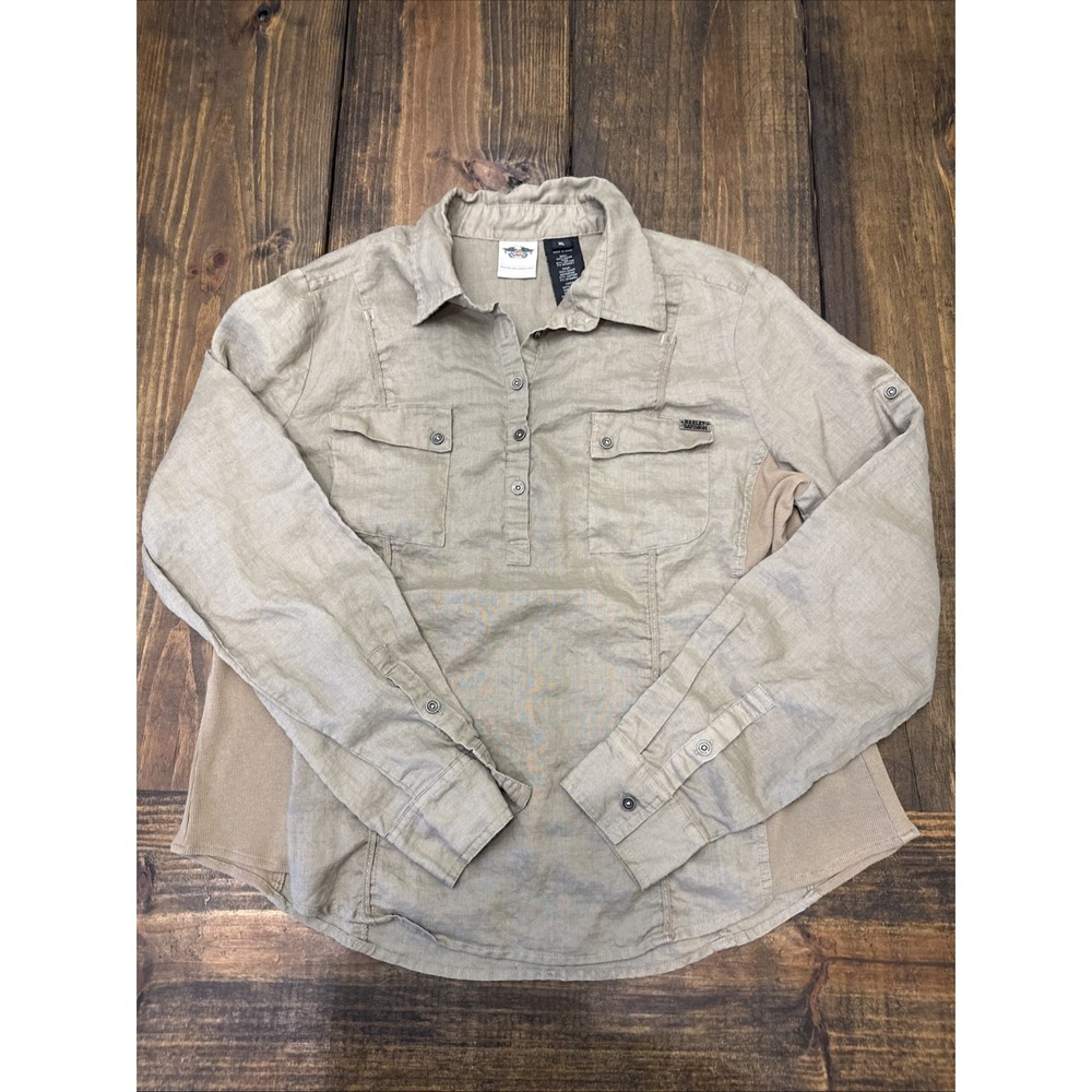 Women's XL Harley Davidson 1/2 Button Down Shirt Woven Sides Metal Buttons Logos - Picture 1 of 8